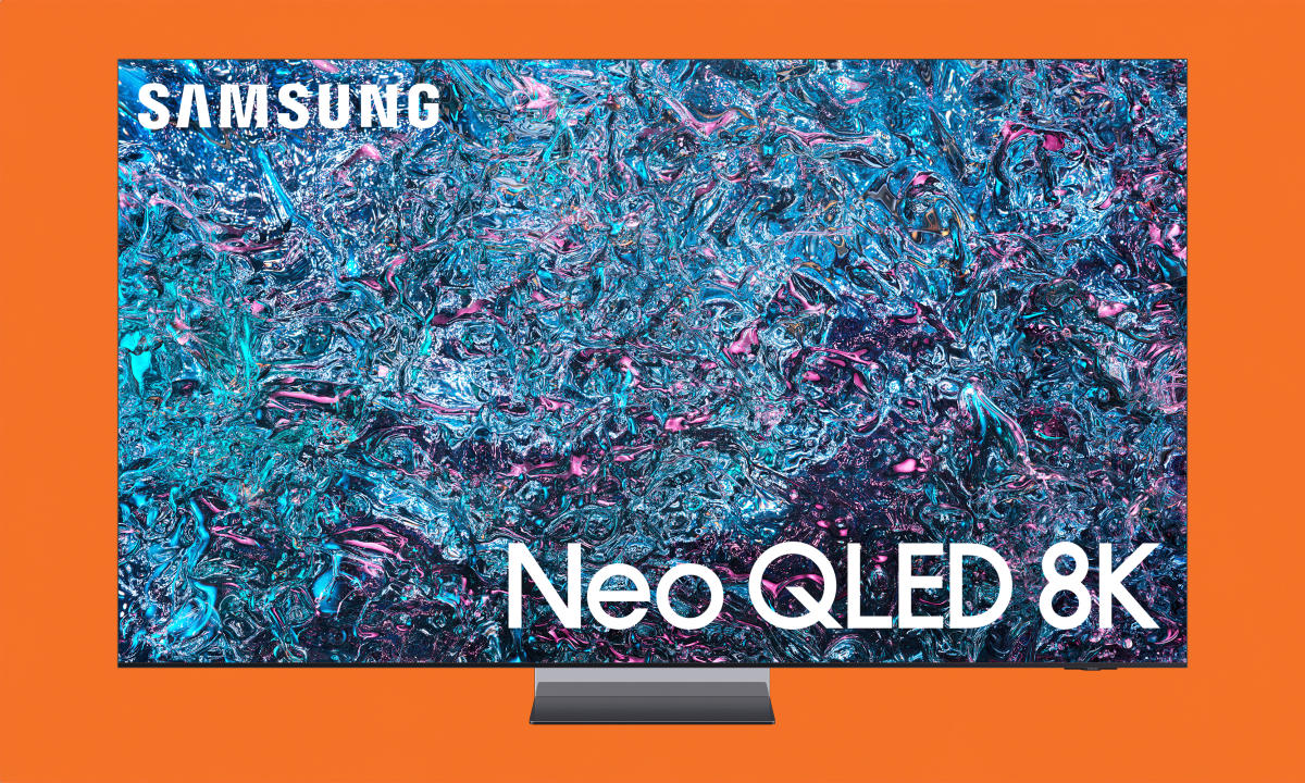 Product image of the latest Samsung Neo QLED 8K TV.  Blue/purple patterns on TV, showing their accuracy.  Orange background.