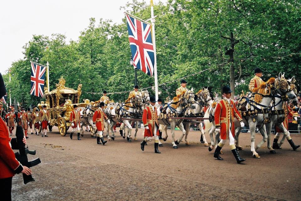 HM The Queen travelling in the Gold State Coach down The Mall, London on her Golden Jubilee Day