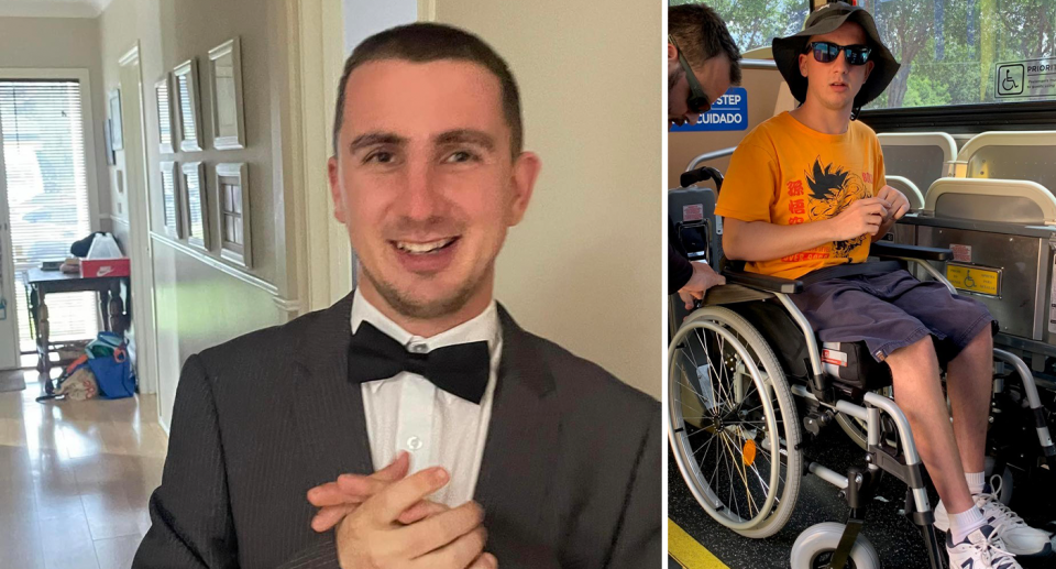 Left - Josh Thomas smiling and wearing a tuxedo. Right - Josh in a hat and sunglasses and sitting in an wheel chair