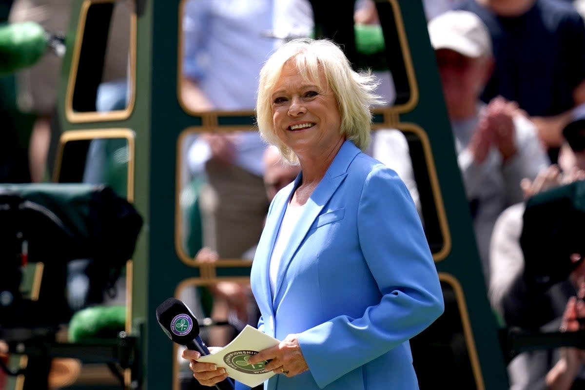 Sue Barker on centre court during day seven of the 2022 Wimbledon Championships at the All England Lawn Tennis and Croquet Club, Wimbledon (John Walton/PA) (PA Wire)