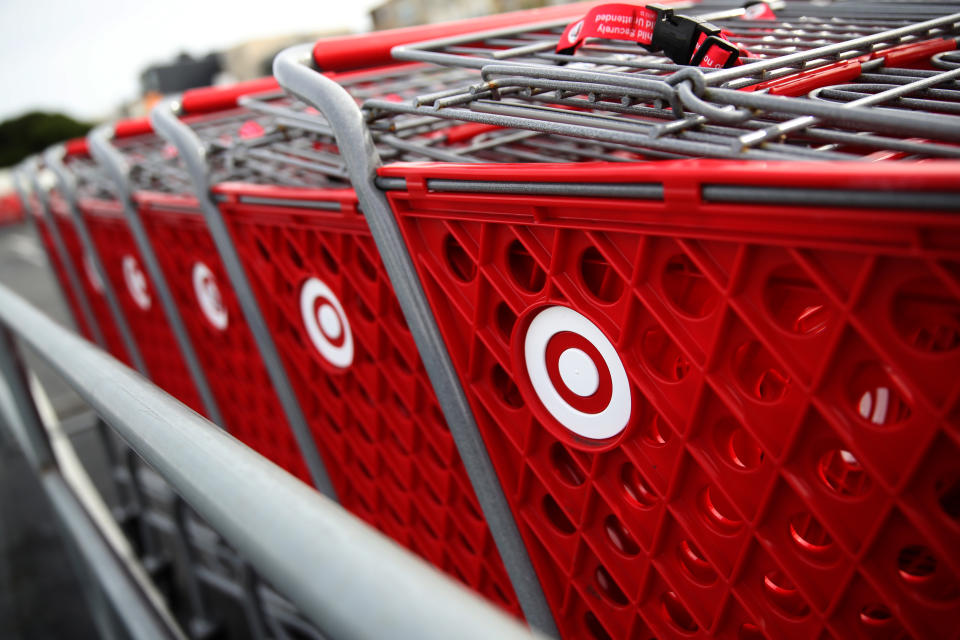 SAN FRANCISCO, CALIFORNIA - JANUARY 15: The Target logo is displayed on shopping carts outside of a Target store on January 15, 2020 in San Francisco, California. Shares of big box retailer Target fell after the company reported that same-store sales during November and December inched up only 1.4%, compared to a more robust growth of 5.7% one year ago. (Photo by Justin Sullivan/Getty Images)
