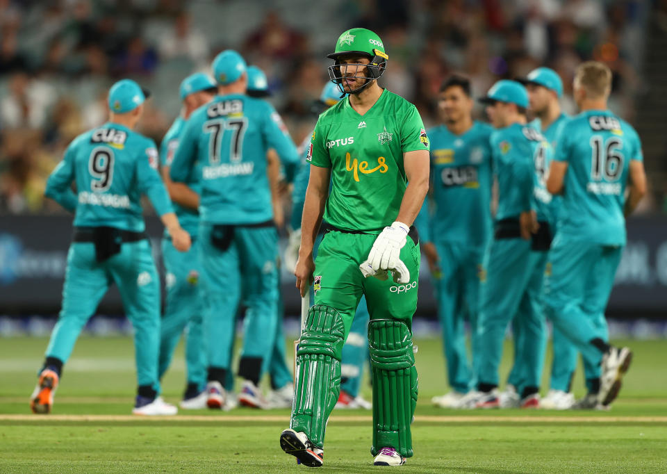 Nathan Coulter-Nile of the Stars walks off after he was dismissed Mujeeb Ur Rahman of the Brisbane Heat during the Big Bash League match between the Melbourne Stars and the Brisbane Heat at the Melbourne Cricket Ground on January 25, 2020 in Melbourne, Australia. (Photo by Robert Cianflone - CA/Cricket Australia via Getty Images)