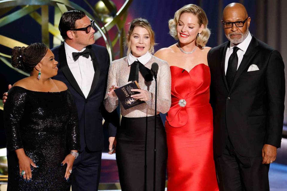 <p>Robert Gauthier/Los Angeles Times via Getty</p> Chandra Wilson, Justin Chambers, Ellen Pompeo, Katherine Heigl and James Pickens Jr.