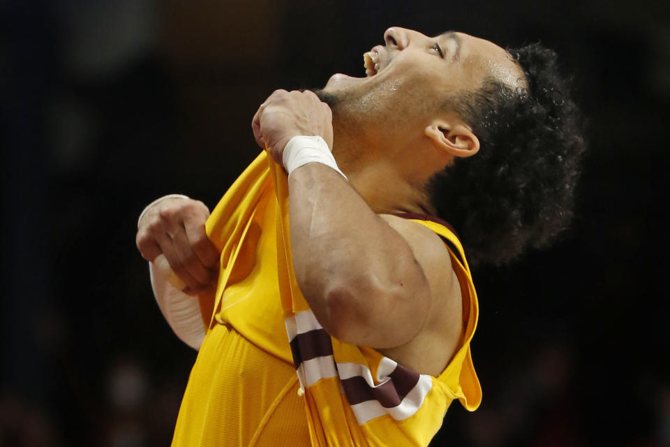 Minnesota guard Payton Willis celebrates the win over Rutgers at an NCAA college basketball game Saturday, Jan. 22, 2022, in Minneapolis. Minnesota won 68-65. (AP Photo/Bruce Kluckhohn)