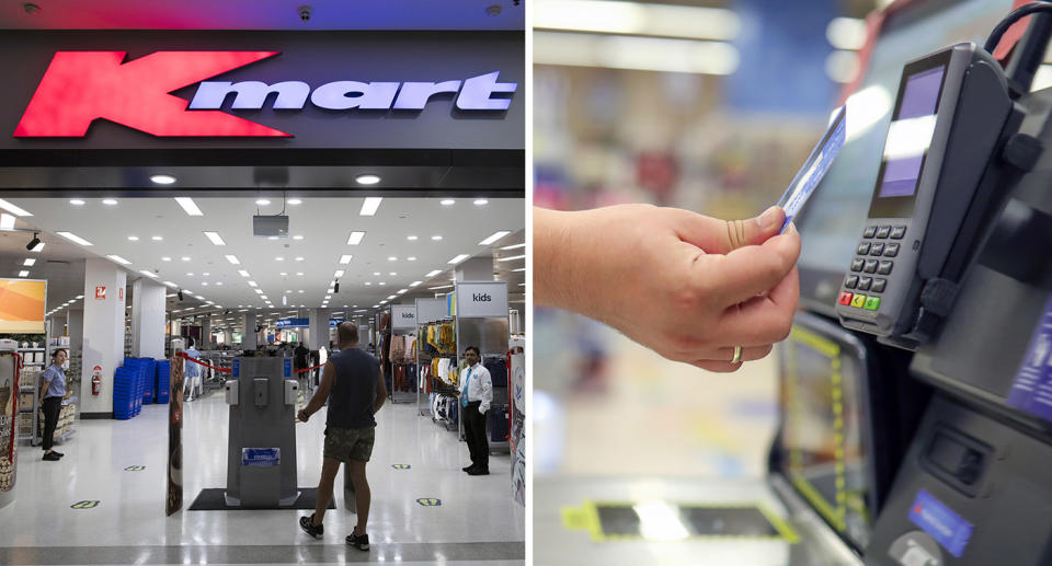 Kmart storefront; Hand using self-serve checkout