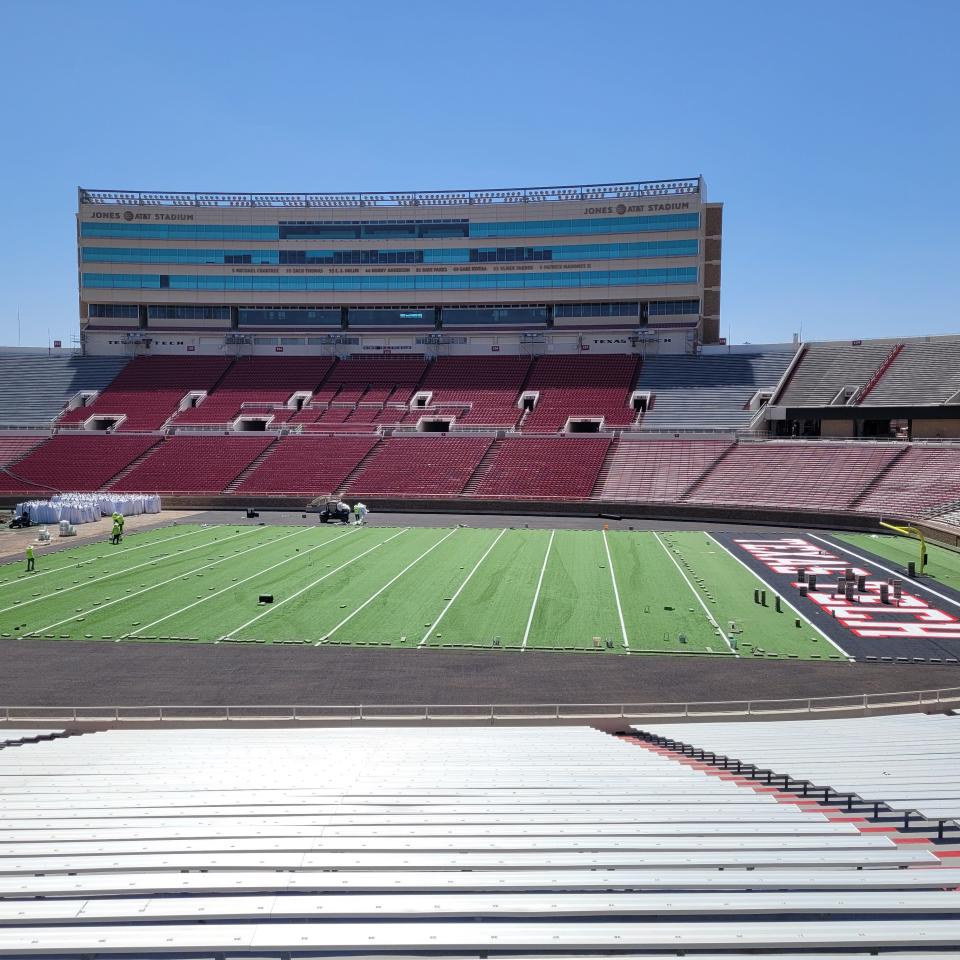 Jones AT&T Stadium is pictured on Wednesday in the midst of an ongoing turf installation job, part of Texas Tech's two-year, $220-million football facilities project.