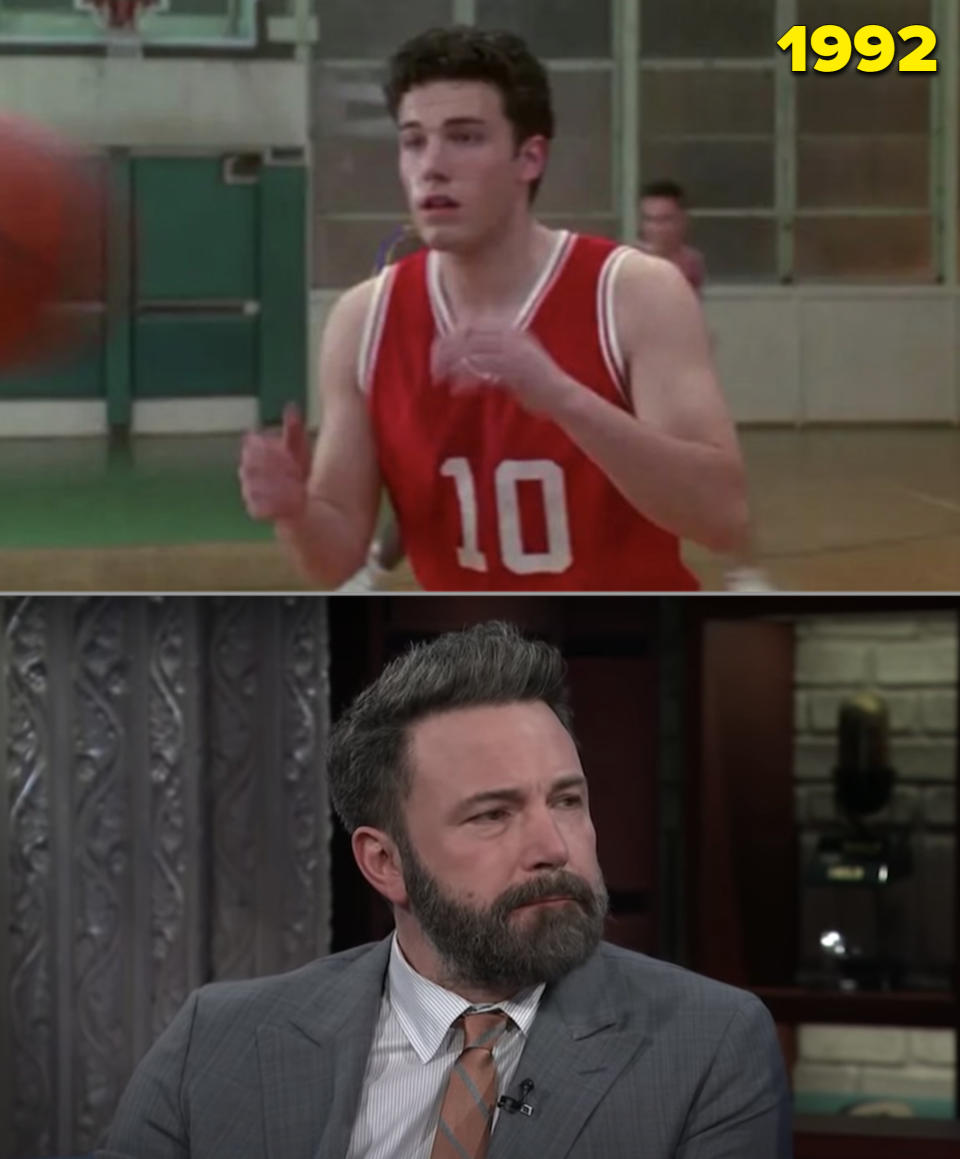 Ben in a red basketball uniform on court in "Buffy" and him in Colbert's late-night show