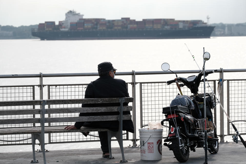 A cargo ship arrives into New York Harbor on October 6, 2021 in New York City. Global supply chain disruptions have continued to affect the U.S. economy. (Photo by Spencer Platt/Getty Images)