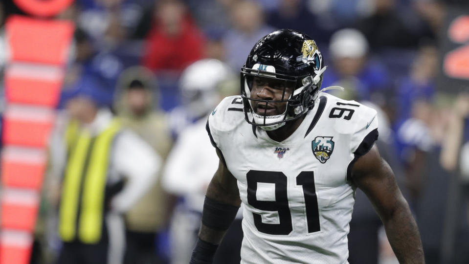 Jacksonville Jaguars defensive end Yannick Ngakoue (91) said he won't sign a long-term deal with the Jags. (AP Photo/Michael Conroy)