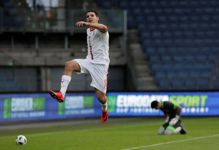 Soccer Football - International Friendly - Serbia vs Bolivia - Merkur-Arena, Graz, Austria - June 9, 2018 Serbia's Aleksandar Mitrovic celebrates scoring their fifth goal to complete his hat-trick REUTERS/Heinz-Peter Bader