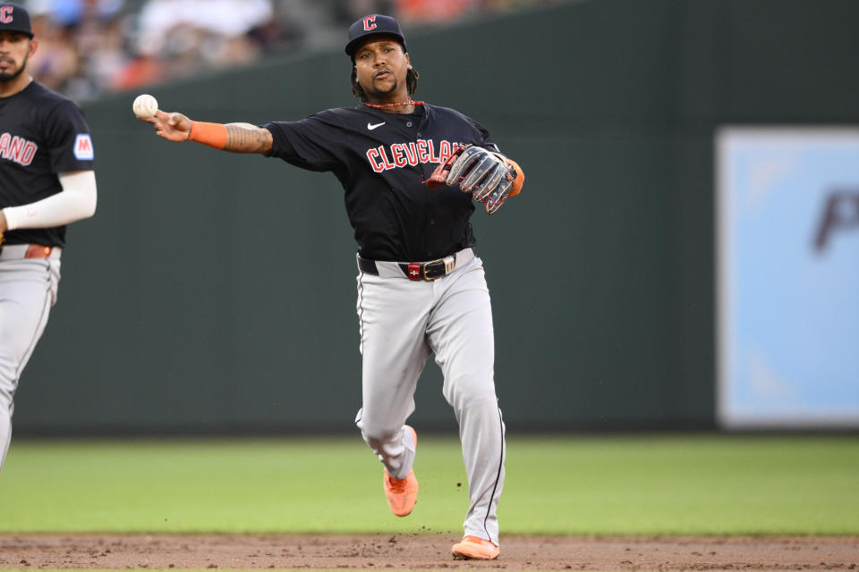 Cleveland Guardians third baseman Jose Ramirez throws to first to put out Baltimore Orioles' Ramon Urias during the second inning of a baseball game, Monday, June 24, 2024, in Baltimore. (AP Photo/Nick Wass)