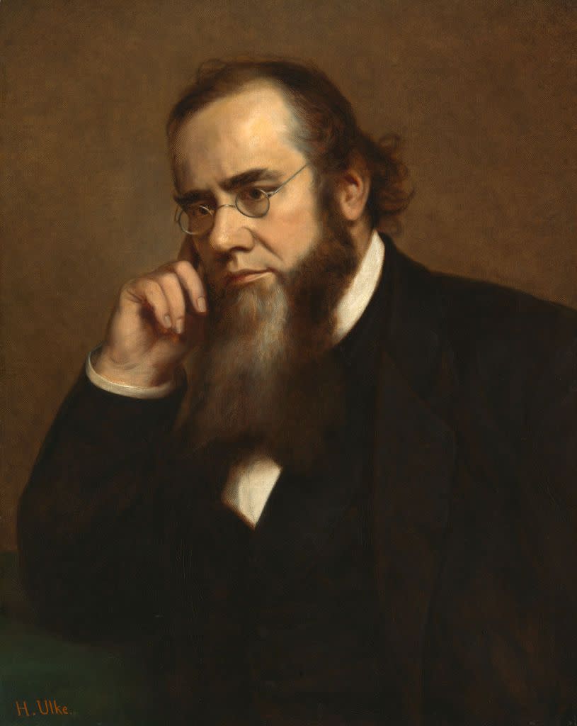 painting of edwin stanton wearing glasses and doing a thinking pose with his right hand