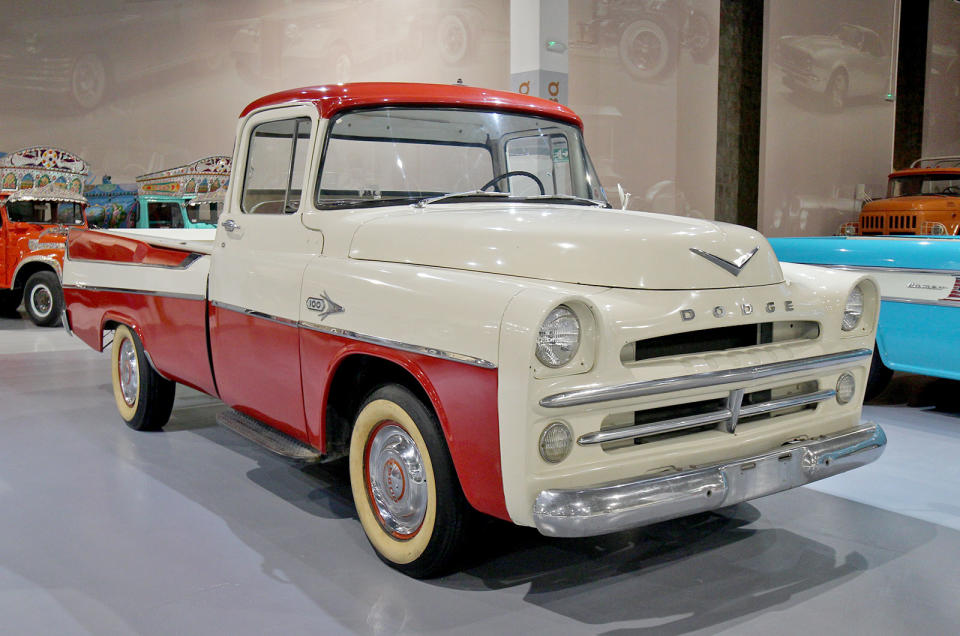 <p>There are quite a few pick-up trucks in the collection, including models from Ford, GM and Dodge. This Dodge C100 was made in 1957 and featured a 315ci (5.2-litre) V8 mated to a three-speed <strong>Powerflite</strong> automatic transmission. C-Series production ran from 1954 until 1960.</p>