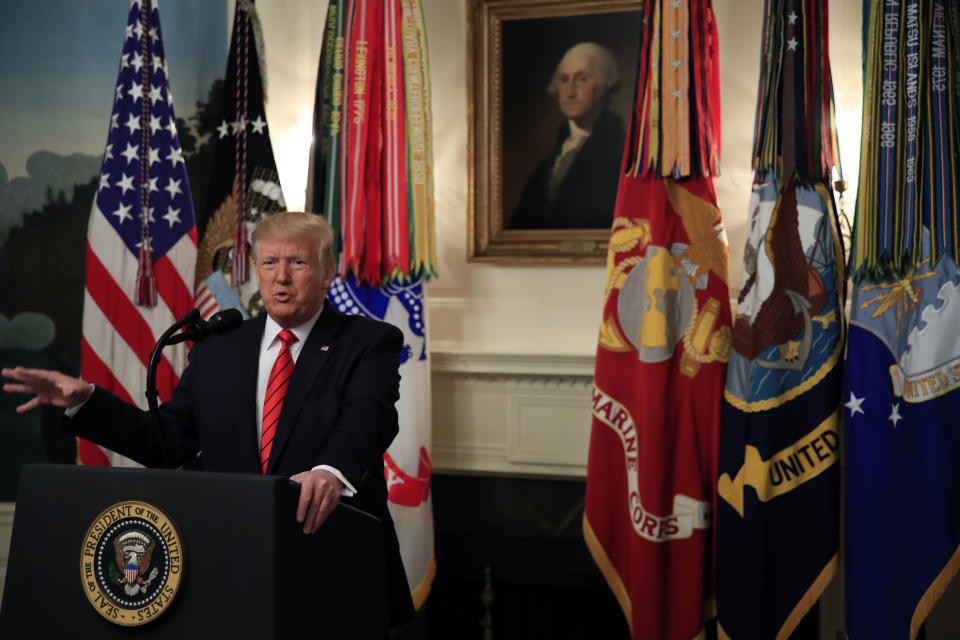 President Donald Trump speaks in the Diplomatic Room of the White House, Sunday, Oct. 27, 2019 in Washington. Trump says Islamic State group leader Abu Bakr al-Baghdadi died after running into a dead-end tunnel and igniting an explosive vest, killing himself and three of his young children, (AP Photo/Manuel Balce Ceneta)