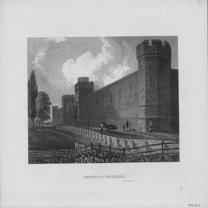 Engraved view of the outermost walls of Eastern State Penitentiary, Philadelphia, Pennsylvania, circa 1830-1900.