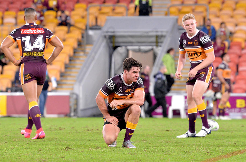 Brodie Croft looks dejected after his team lost the round seven NRL match between the Brisbane Broncos and the Gold Coast Titans at Suncorp Stadium on June 27, 2020 in Brisbane, Australia.