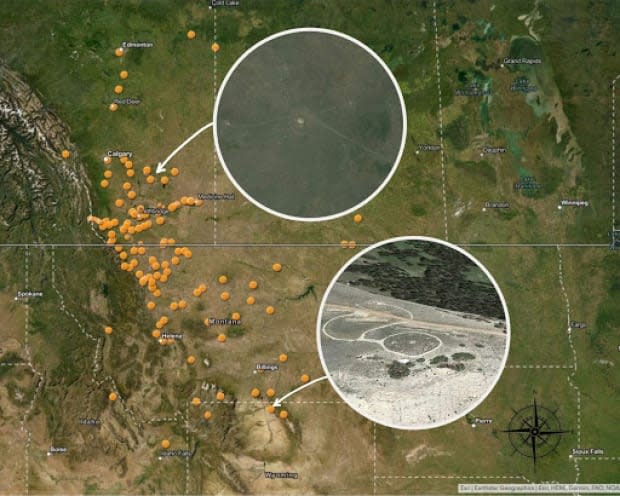 Satellite images of two Blackfoot Medicine Wheels in Alberta and Wyoming. 