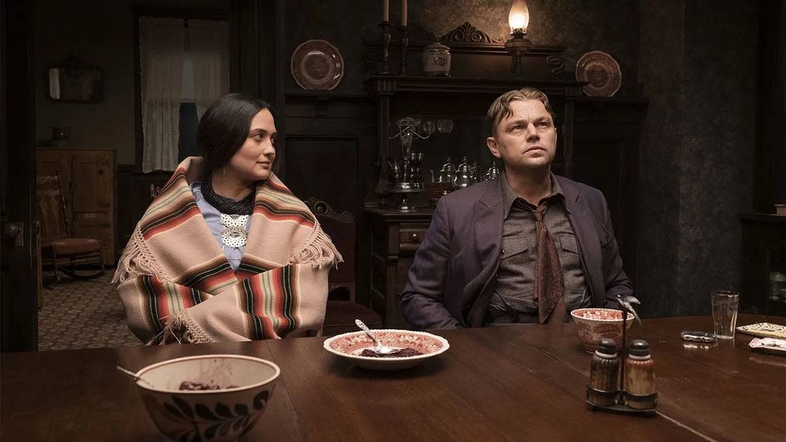 Lily Gladstone and Leonardo DiCaprio star in “Killers of the Flower Moon.” If Gladstone wins best actress, she will be the first Native American to do so.