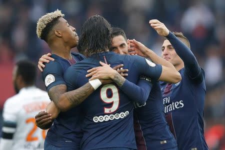 Football Soccer - Paris St Germain v Montpellier - French Ligue 1 - Parc des Princes, Paris, France - 22/4/17 - Paris St Germain's Angel Di Maria celebrates with team mates after scoring. REUTERS/Stephane Mahe