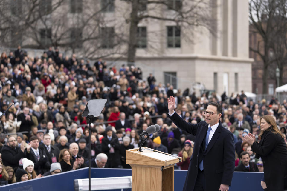 Democratic Gov. Josh Shapiro at the end of a ceremony to become Pennsylvania's 48th governor, Tuesday, Jan. 17, 2023, at the state Capitol in Harrisburg, Pa. (AP Photo/Matt Rourke)