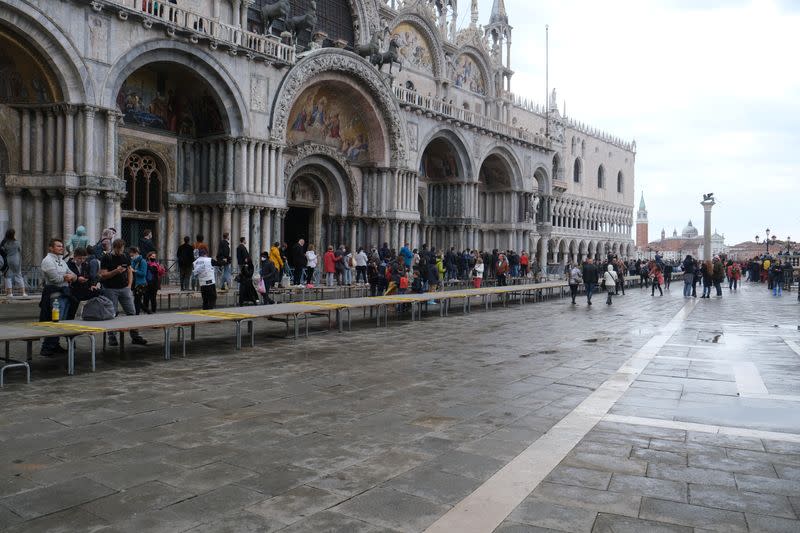 Piazza San Marco during high tide as flood barrier scheme MOSE is used for first time in Venice