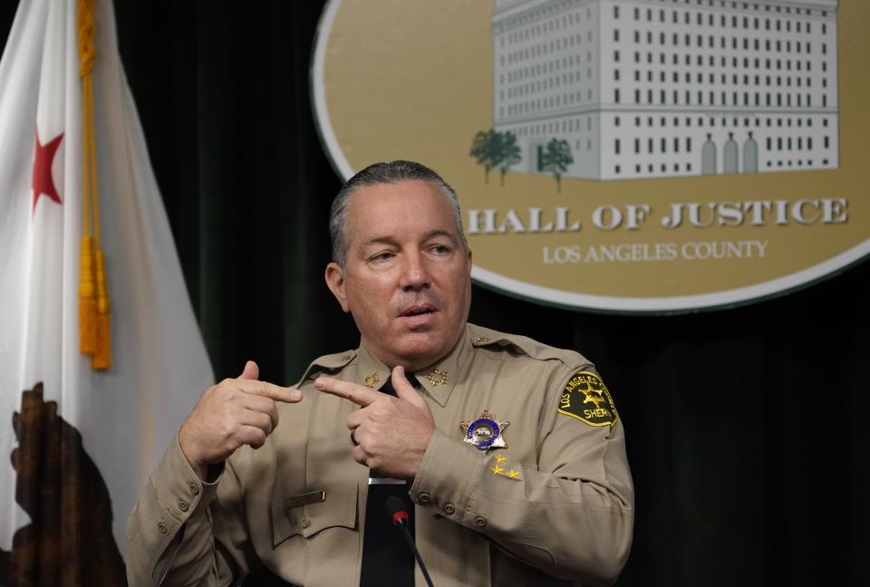 Los Angeles County Sheriff Alex Villanueva comments on the shooting of 29-year-old Dijon Kizzee, who was killed by deputies following a scuffle, during a news conference at the Hall of Justice in downtown Los Angeles Thursday, Sep. 17, 2020. (AP Photo/Damian Dovarganes)