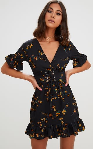 Black Floral Corset Swing Dress