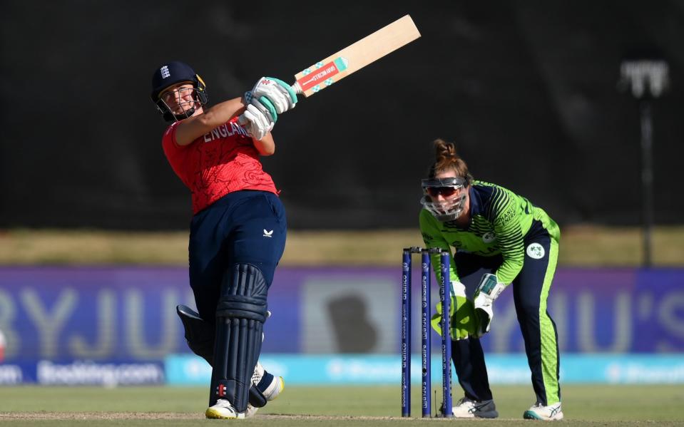 Alice Capsey of England plays a shot during the ICC Women's T20 World Cup group B match between Ireland and England at Boland Park on February 13, 2023 in Paarl, South Africa - Mike Hewitt/Getty Images