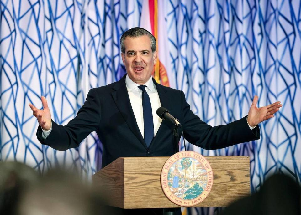 Miami Beach Mayor Steven Meiner speaks during a press conference in South Beach at which Florida Gov. Ron DeSantis signed HB 1365 bill related to homelessness on Tuesday, March 20, 2024.