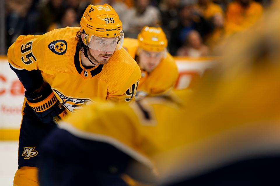 Nashville Predators center Matt Duchene (95) gets in position against the Minnesota Wild during the second period at Bridgestone Arena in Nashville, Tenn., Tuesday, Nov. 15, 2022.