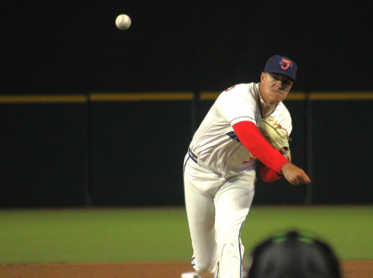 Jacksonville Jumbo Shrimp closer Anthony Maldonado (31) delivers a pitch against the Gwinnett Stripers in Opening Day baseball on March 29, 2024. [Clayton Freeman/Florida Times-Union]