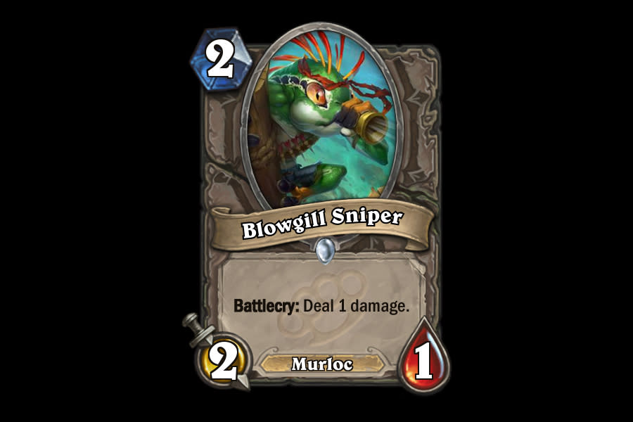 <p>Elven Archer isn't exactly the best card in Hearthstone, and this more expensive, Murloc-y version of the same card isn't much better. It's affected by cards that buff the little frog-looking guys, but there are just too many other good Murloc cards to even consider running Blowgill Sniper in a competitive deck. </p>