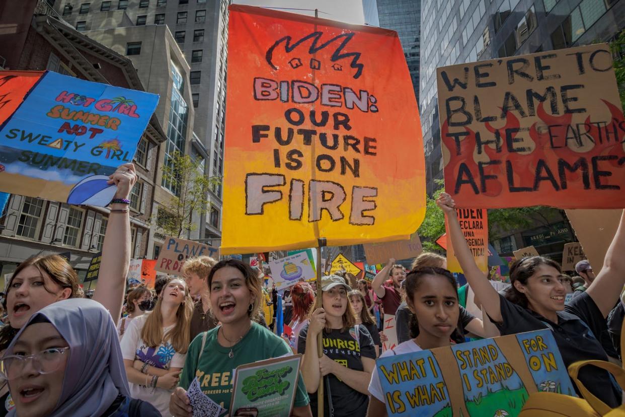 Young people demonstrate ahead of a climate summit in New York in September 2023. <a href="https://www.gettyimages.com/detail/news-photo/participants-seen-holding-signs-at-the-protest-ahead-of-the-news-photo/1675097127?adppopup=true" rel="nofollow noopener" target="_blank" data-ylk="slk:Erik McGregor/LightRocket via Getty Images;elm:context_link;itc:0;sec:content-canvas" class="link ">Erik McGregor/LightRocket via Getty Images</a>
