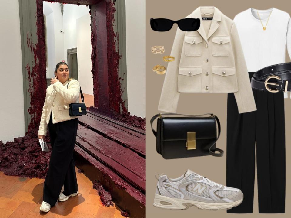 A girl standing in front of an art exhibition piece wearing black pants and a white jacket (left), a flat lay PDF image of a cream jacket, white top, black pants and accessories.