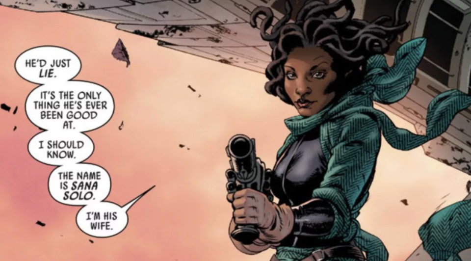 <p>Sana Starros makes an appearance in the canon <em>Star Wars</em> comic where she tells Leia that she's actually Han Solo's wife, a big strain on Han and Leia's relationship. However, a deeper dive into Sara and Han's relationship reveals that their "marriage" is just part of a past scam.</p>