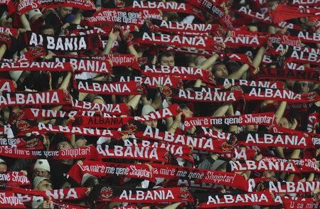 Albania supporters cheer for their team before their Euro 2016 Group I qualifying soccer match against Serbia in Elbasan, Albania October 8, 2015. REUTERS/Arben Celi