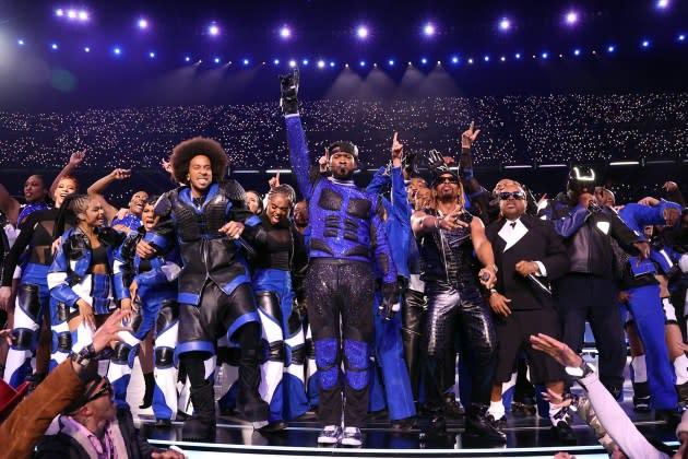 Ludacris, Usher, Jermaine Dupri, and will.i.am perform during the Apple Music Super Bowl LVIII Halftime Show at Allegiant Stadium on Feb. 11 in Las Vegas.  - Credit: Kevin Mazur/Getty Images for Roc Nation