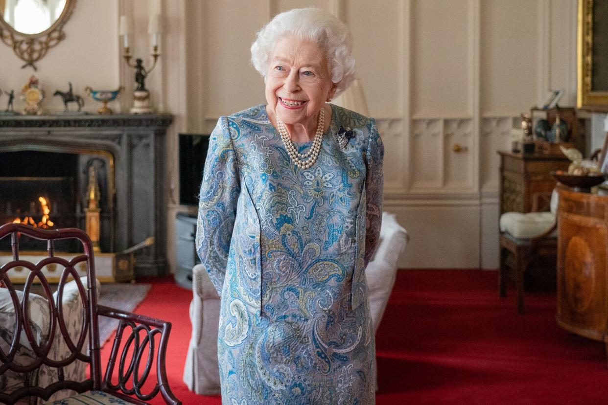 Queen Elizabeth II attends an audience with the President of Switzerland Ignazio Cassis (Not pictured) at Windsor Castle on April 28, 2022 in Windsor, England.