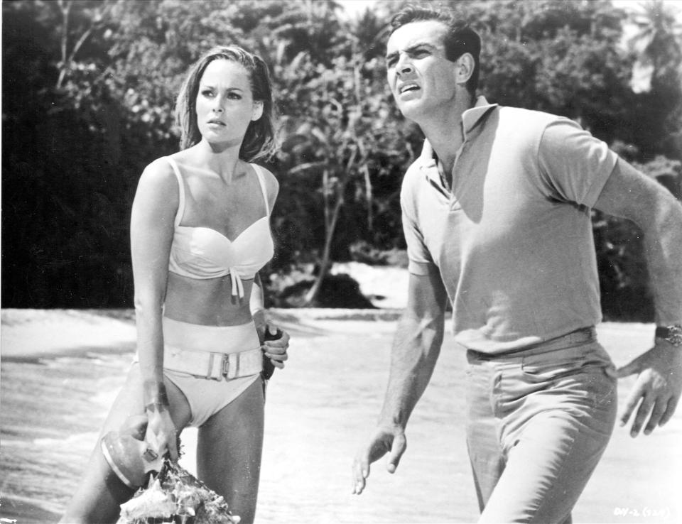 1963: Actors Ursula Andress and Sean Connery in a scene from 'Dr. No" directed by Terence Young. (Photo by Michael Ochs Archives/Getty Images)