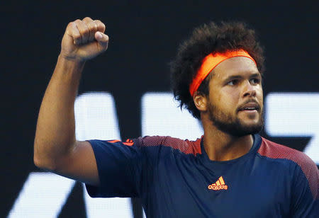 Tennis - Australian Open - Melbourne Park, Melbourne, Australia - 22/1/17 France's Jo-Wilfried Tsonga reacts during his Men's singles fourth round match against Britain's Daniel Evans. REUTERS/Edgar Su