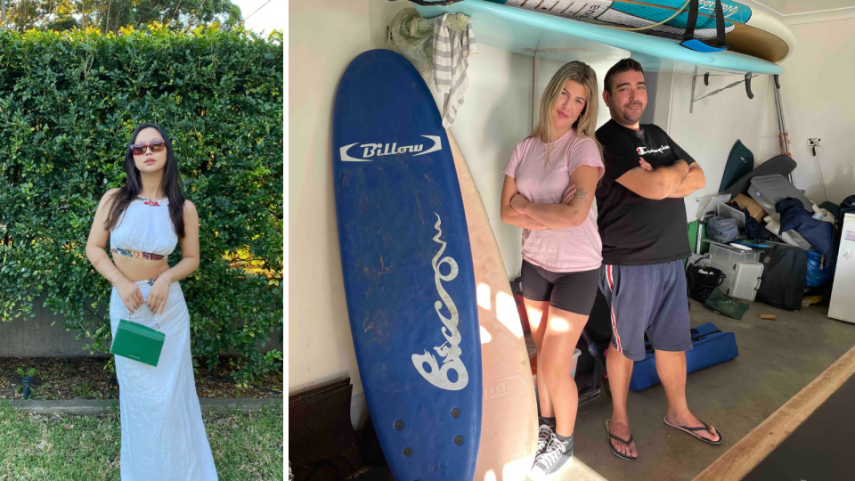 A composite image of Regina So and Andrew Woods posing with Mia who rents out his garage for storage. Both Regina and Andrew make extra money through side hustles.