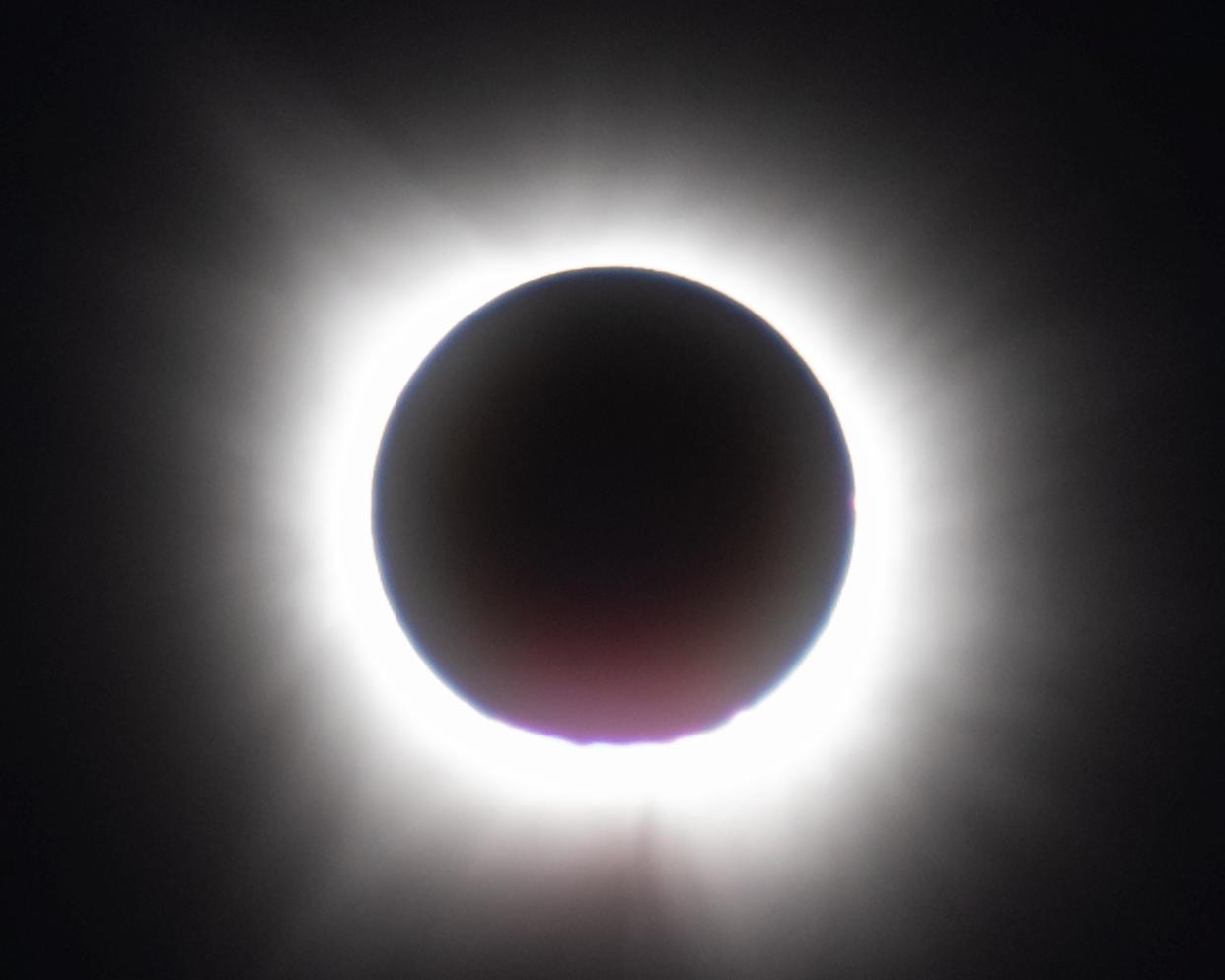 The moon obscures the sun during totality in Round Rock near Austin, Texas. Millions of Americans across the country experienced the April 8 total solar eclipse, the last in North American for 20 years.
