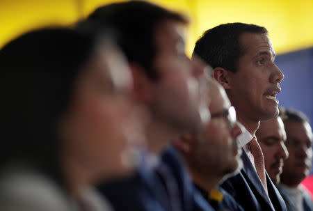 Venezuelan opposition leader Juan Guaido, who many nations have recognised as the country's rightful interim ruler, speaks during a news conference in Caracas, Venezuela May 9, 2019. REUTERS/Ueslei Marcelino