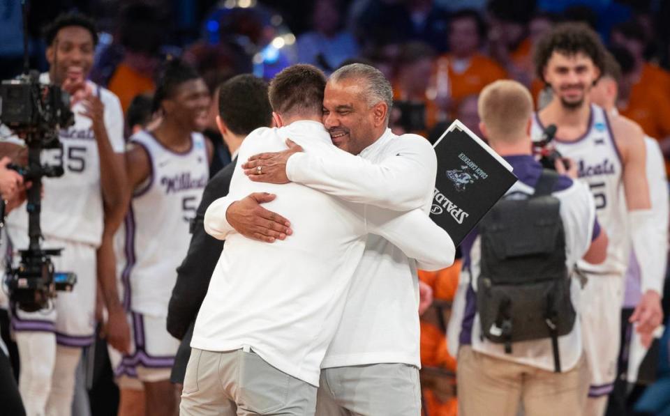 Kansas State coach Jerome Tang celebrates after his team advanced to the Elite Eight with an overtime win over Michigan State on Thursday night in New York City.