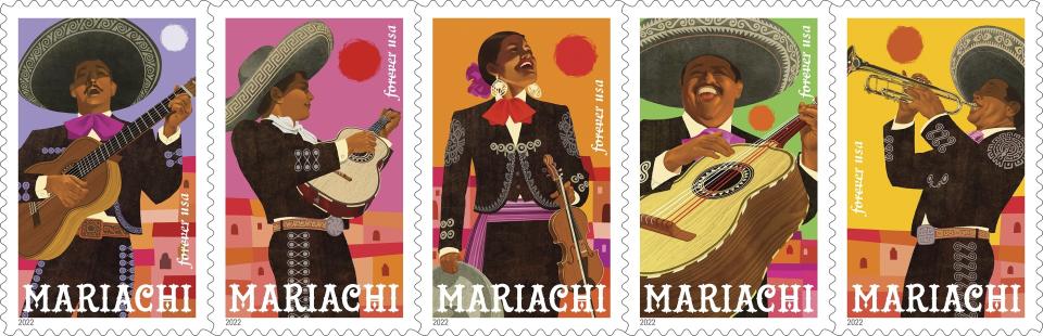 This image provided by the U.S. Postal Service shows a special series of mariachi stamps designed by artist Rafael Lopez. A first-day-of-issue ceremony was being held Friday, July 15, 2022, during the 30th annual Mariachi Spectacular de Albuquerque in Albuquerque, N.M. (U.S. Postal Service via AP)