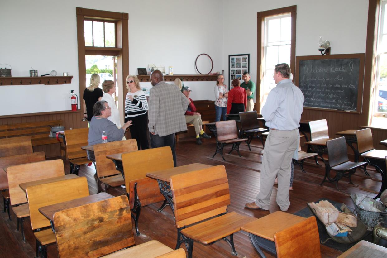 Supporters of the Marion County Historical Society gathered on Thursday, May 12, 2022, at Linn School on Ohio 4 north of Marion, Ohio, to celebrate the grand reopening of the iconic one-room schoolhouse. A tractor trailer crashed through the southeast corner of the wall of Linn School on July 30, 2019, but the building was completely repaired and restored by Quality Masonry Co. of Marion.