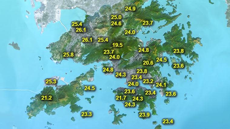 本港地區今日天氣預測致多雲，有幾陣驟雨。最高氣溫約27度。(香港天文台)