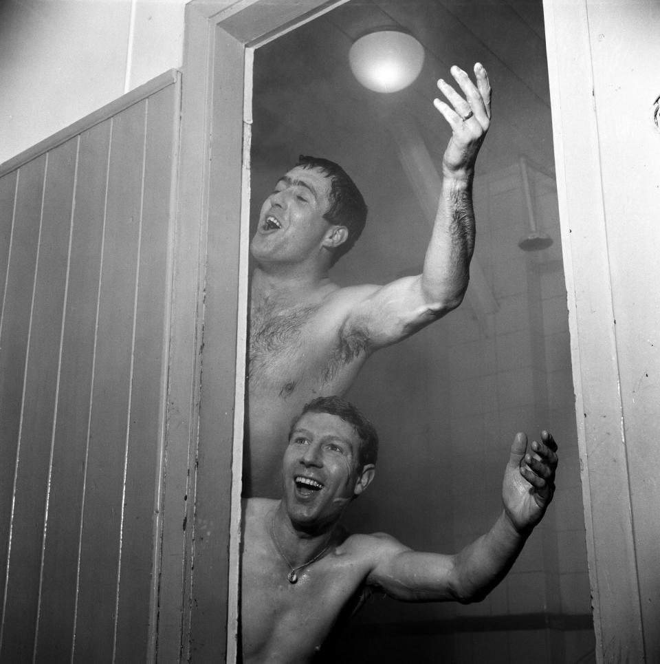 Singing in the shower with his Doncaster Rovers teammate Alick Jeffrey in 1965: they were publicising their forthcoming appearance together at a Rovers buffet dance to raise money for new floodlights - Albert Cooper/Mirrorpix via Getty Images
