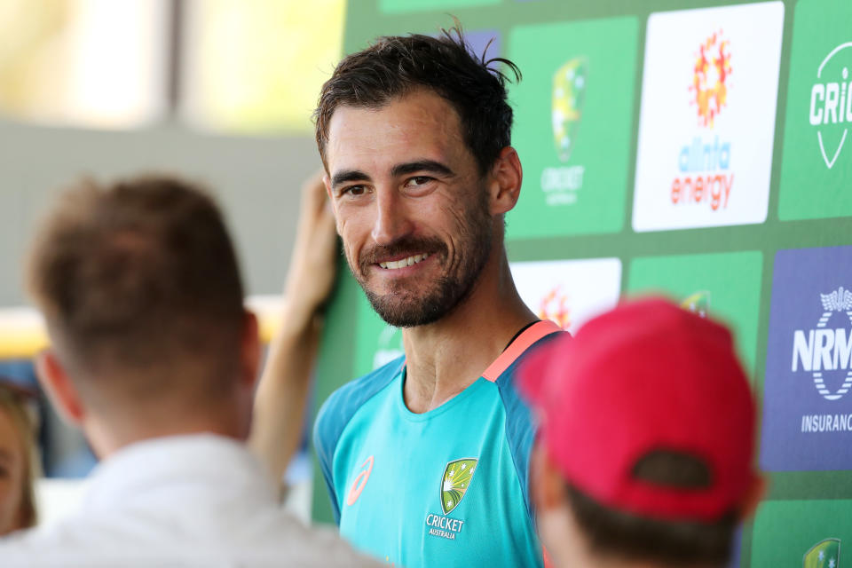 Mitchell Starc, pictured here speaking to the media after a training session at the WACA ground.