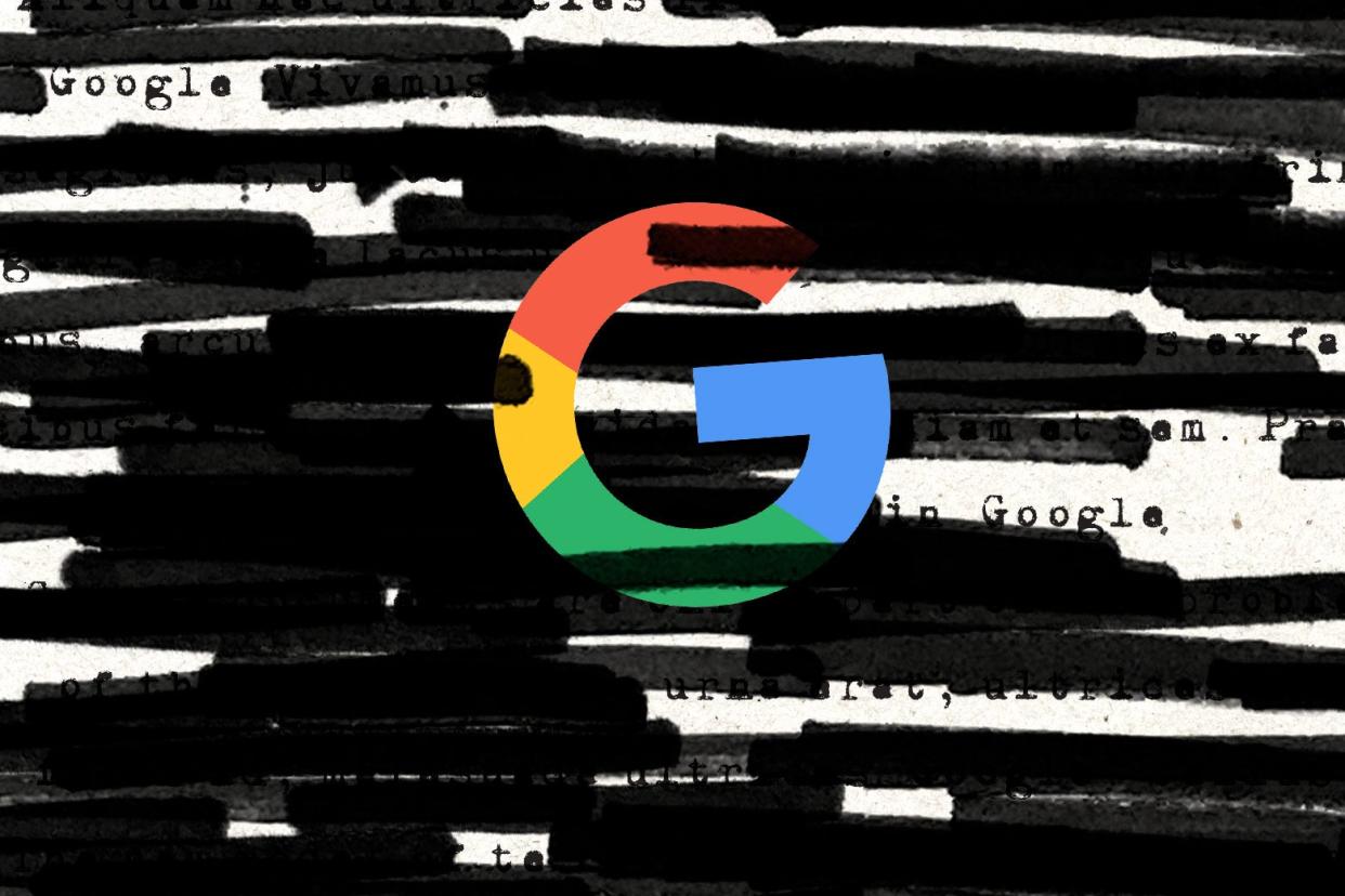 The Google logo is redacted and surrounded by redacted text. 